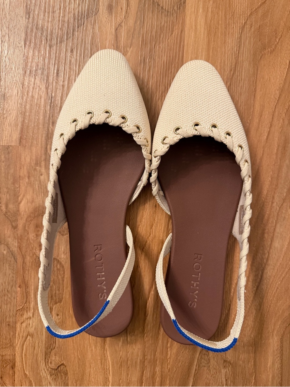 Rothy's Cream Knit Slingback Pointed Flats with Blue Accent